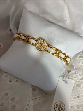 Tory Burch White Enamel and Gold Link Logo Bracelet